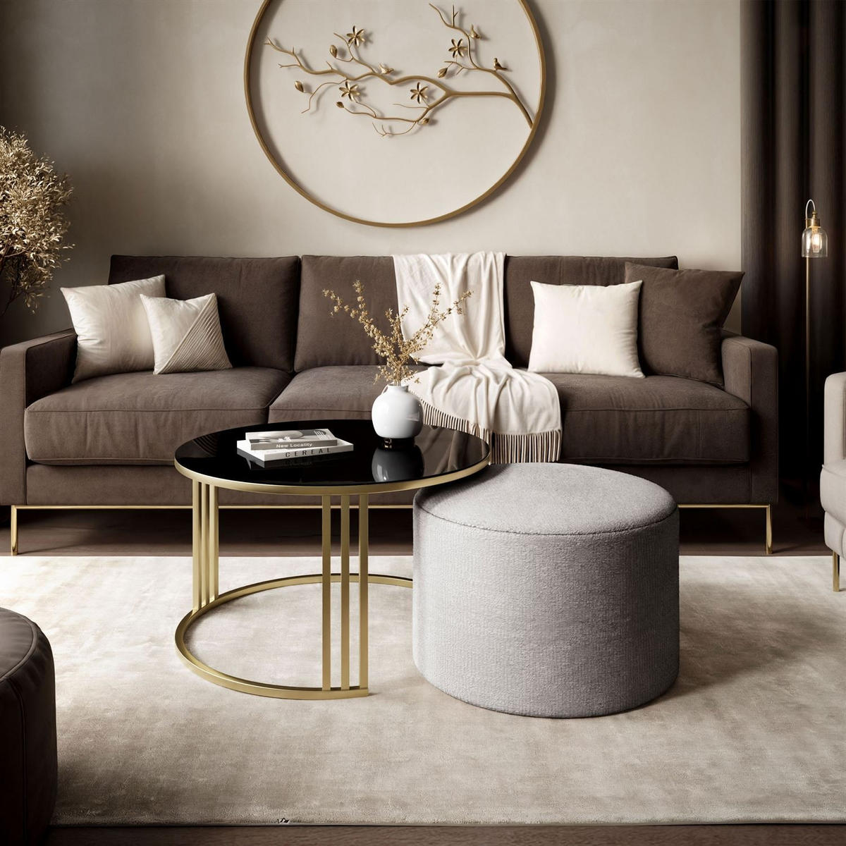 COUCHTISCH mit Hocker LORI GLASS gebürstetes Gold/schwarzes Glas/Perfect Harmony 82 - Schwarz, Metall (70/70/49cm) - Lookway