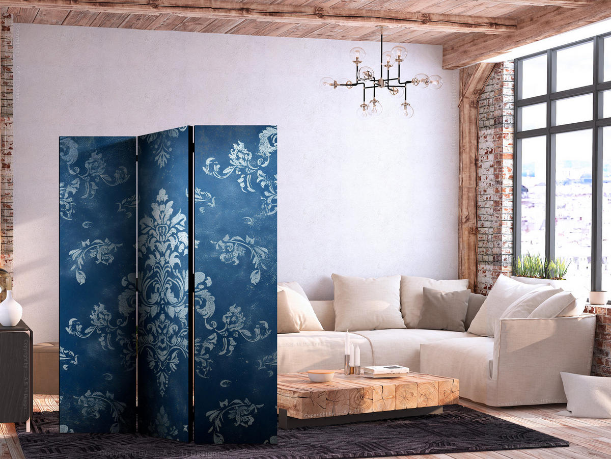 PARAVENT Einseitig Bedruckter 3-tlg 135x172 cm Elegante Glamour Ornamente - Blau, Holz/Textil (135/172/3cm) - Muralo