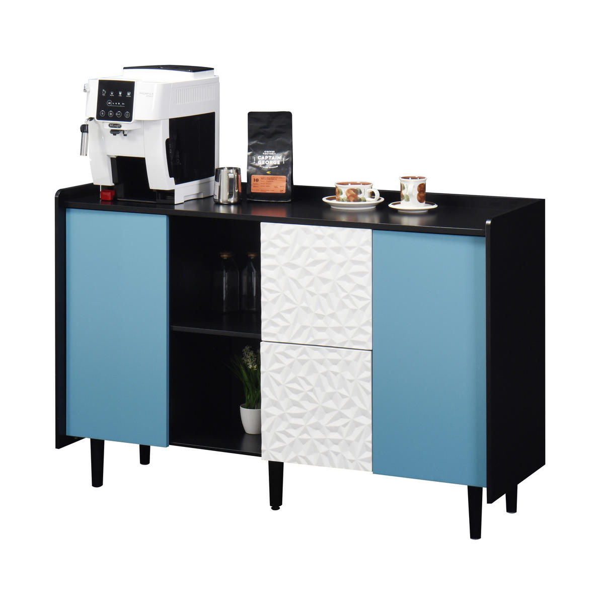 SIDEBOARD aus MDF 40x120x80 cm Schwarz/Blau mit 2 Schubladen, offenem Stauraum und Schranktür in modernem Design - Schwarz, Holzwerkstoff (120/80/40cm) - Modfu