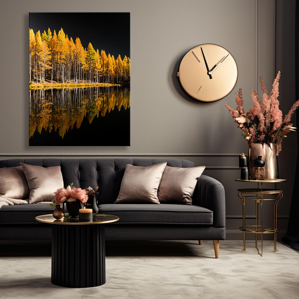 WANDBILD goldener wald herbstsee naturbäume - Gelb, Textil (40/60cm) - Feeby