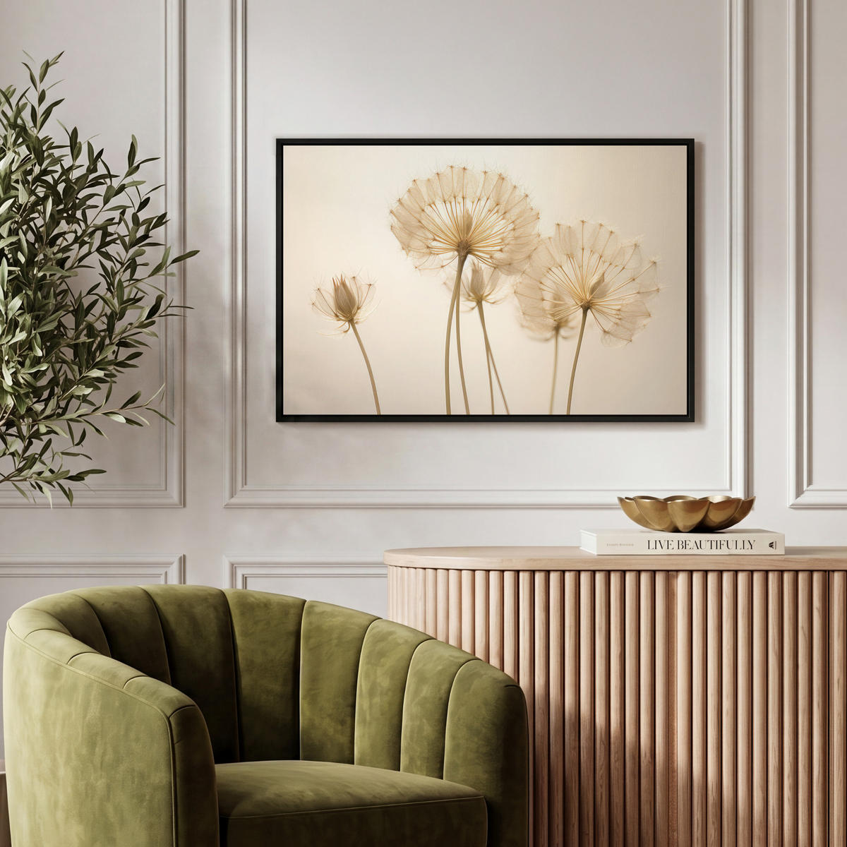 LEINWAND Bilder mit Rahmen - Sonnenlicht - Löwenzahn - Botanisch - Blumen - 60x40 - Creme, Textil (60/40cm) - MuchoWow