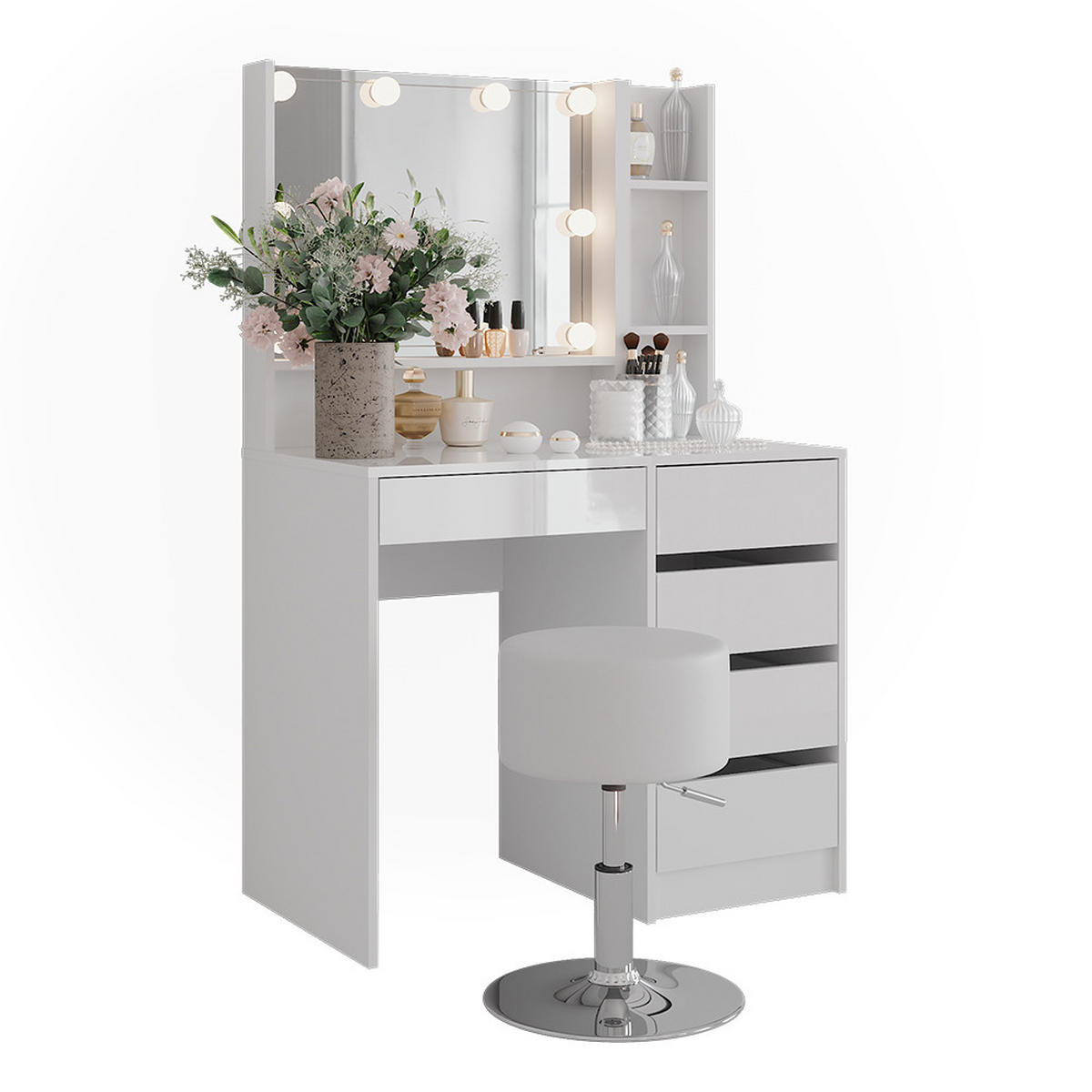 SCHMINKTISCH Sherry Weiß/Weiß Hochglanz 89.8 cm 5 Teile - Weiß Hochglanz, Holzwerkstoff (50.1cm) - Vicco