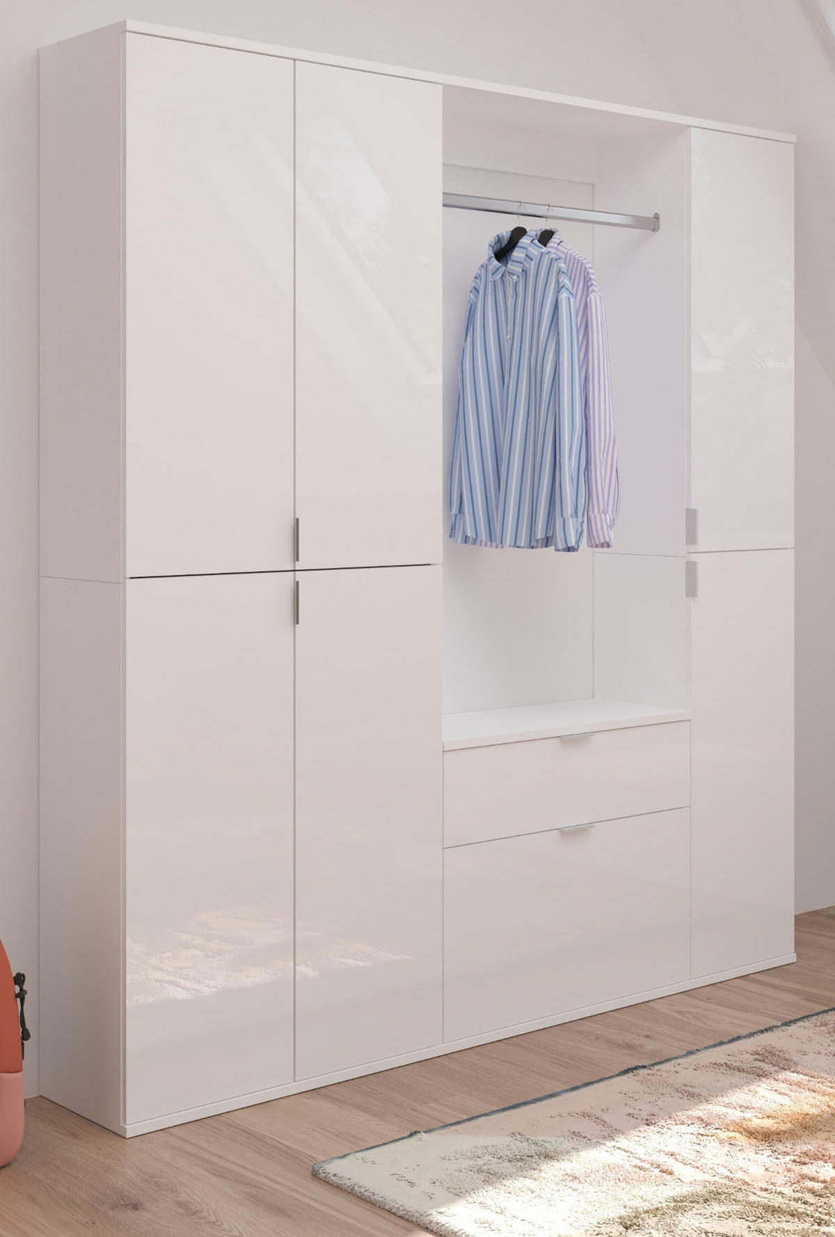 GARDEROBENSCHRANK weiß Hochglanz 152 cm, bis 18 Fächer, Flurgarderobe - Chromfarben/Weiß Hochglanz, Holzwerkstoff/Metall (152/193/34cm) - Inn.Furn