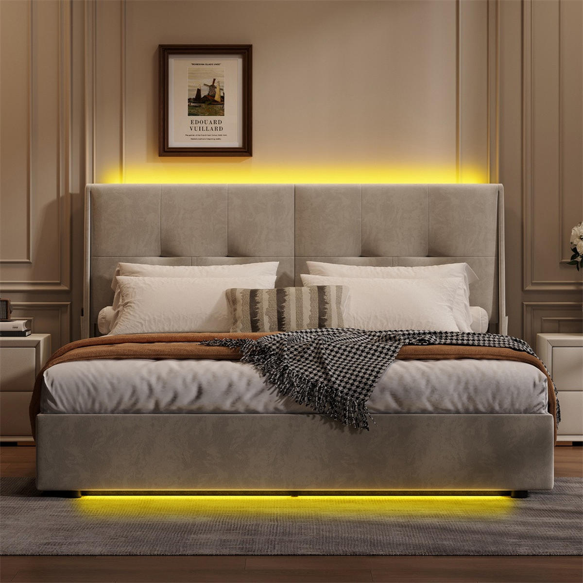 POLSTERBETT 160x200 cm - Hydraulisches Stauraumbett mit LED-Beleuchtung und praktischen Seitentaschen - ohne Matratze - Beige - Beige, Textil (160/200cm) - DELFA