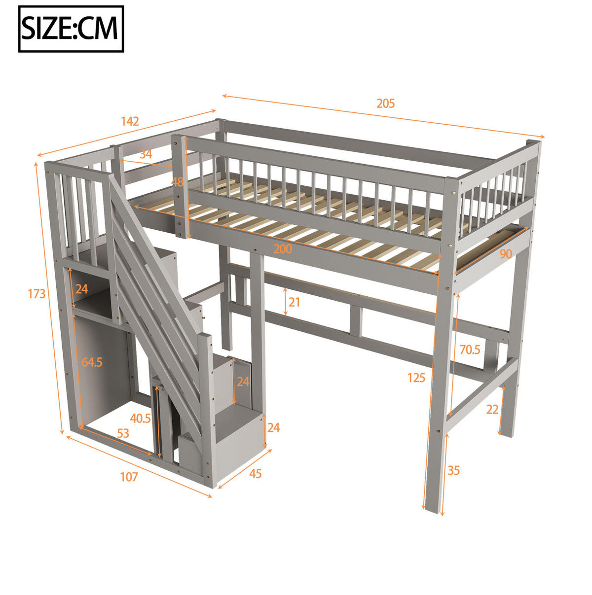HOCHBETT 90/200 cm Grau aus Holz mit Aufbewahrungstreppe - Grau, Holzwerkstoff (90/200cm) - OKMYHOME