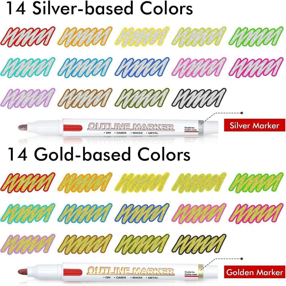 MARKER 28er Set Metallic Outline Stifte Silber+Gold - Multicolor, Kunststoff (33.8/1.5/13.5cm)