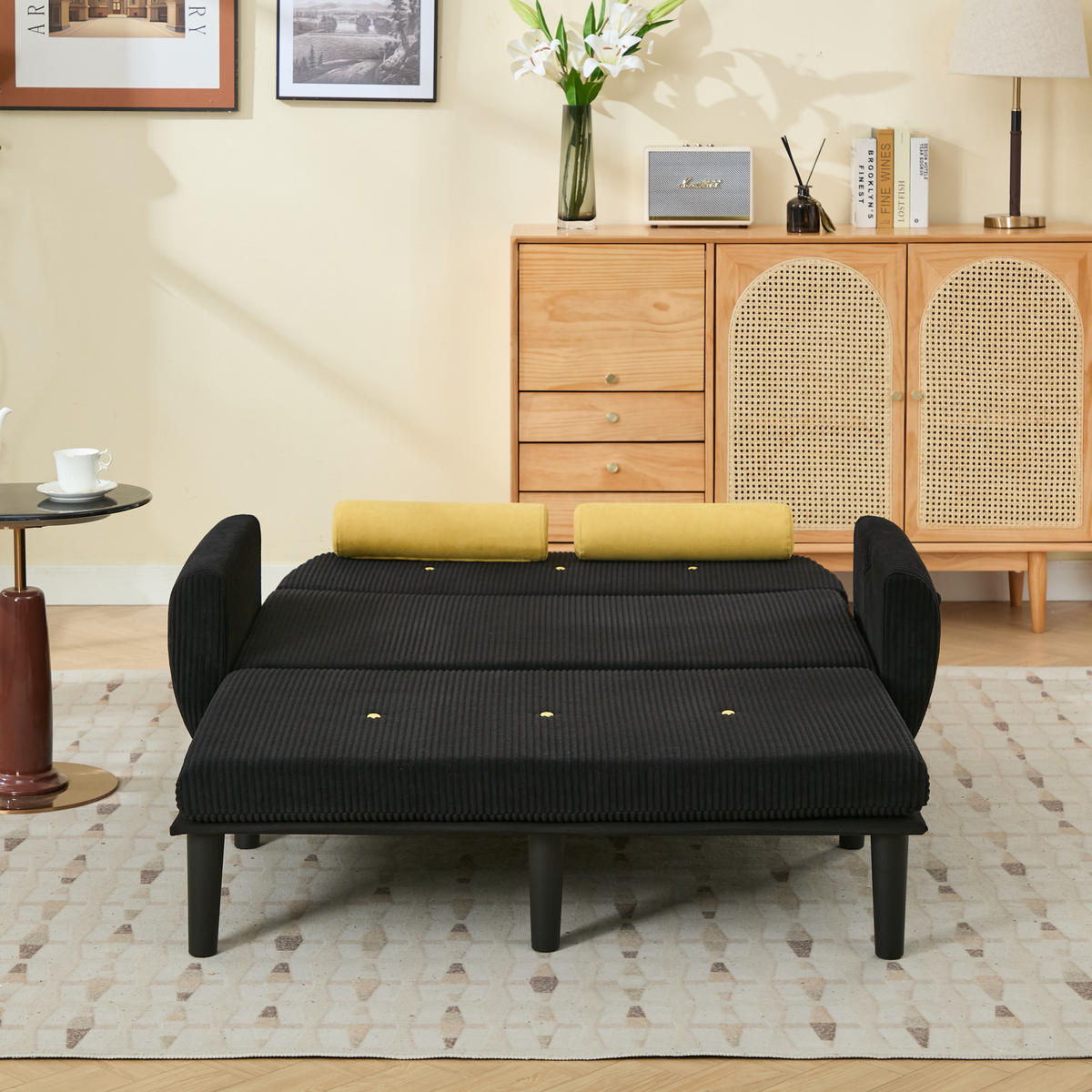 2-SITZER SCHLAFSOFA Cord Schwarz mit Kissen - Schwarz, Kunststoff/Textil (133.5/85/77cm) - WISHDOR