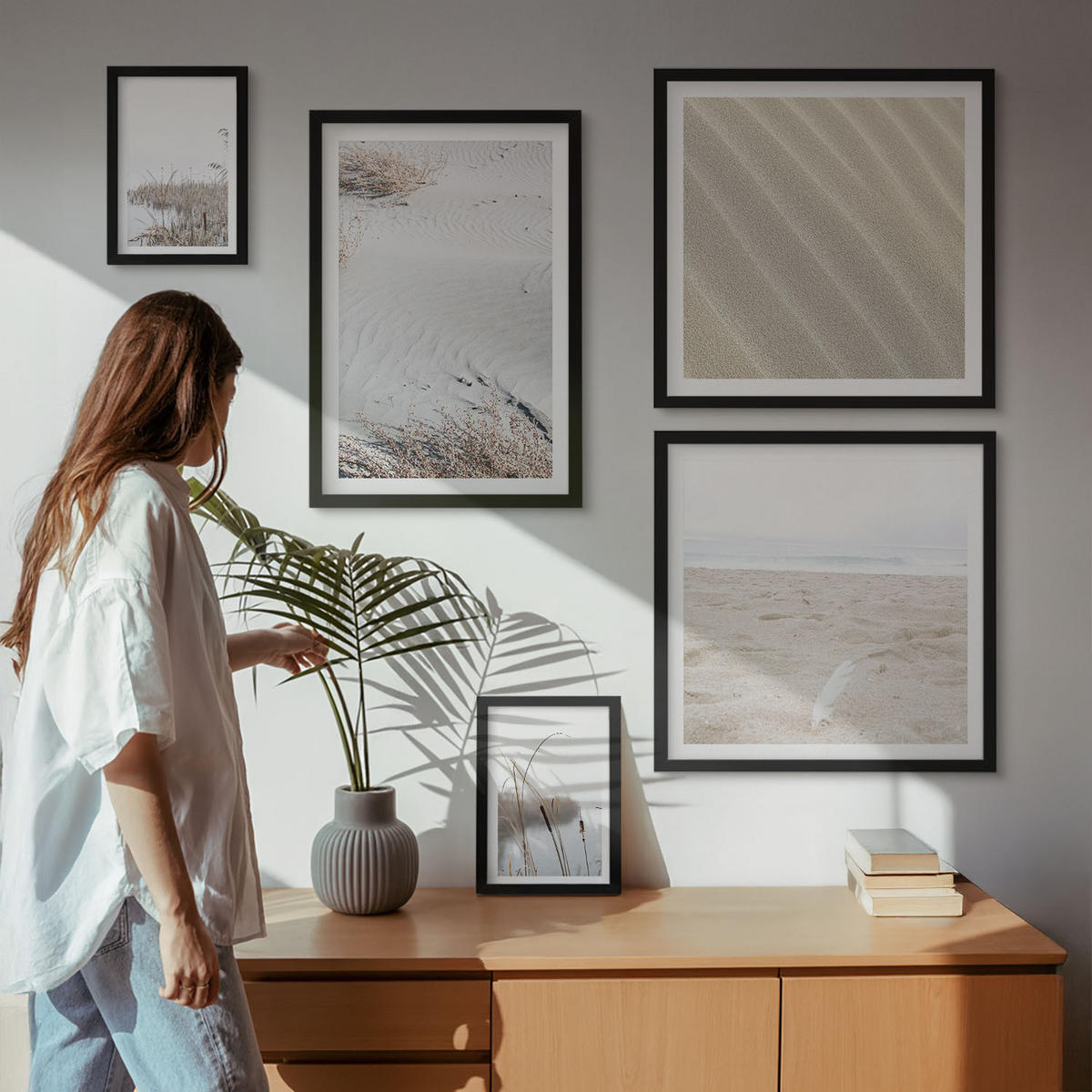 WANDBILDER 5er-Set - 50x50 cm & 20x30 cm & 40x60 cm Schwarzer Rahmen - Vegetation am Wasser im Sommer - Schwarz, Kunststoff (40/60cm) - ArtPrintCave