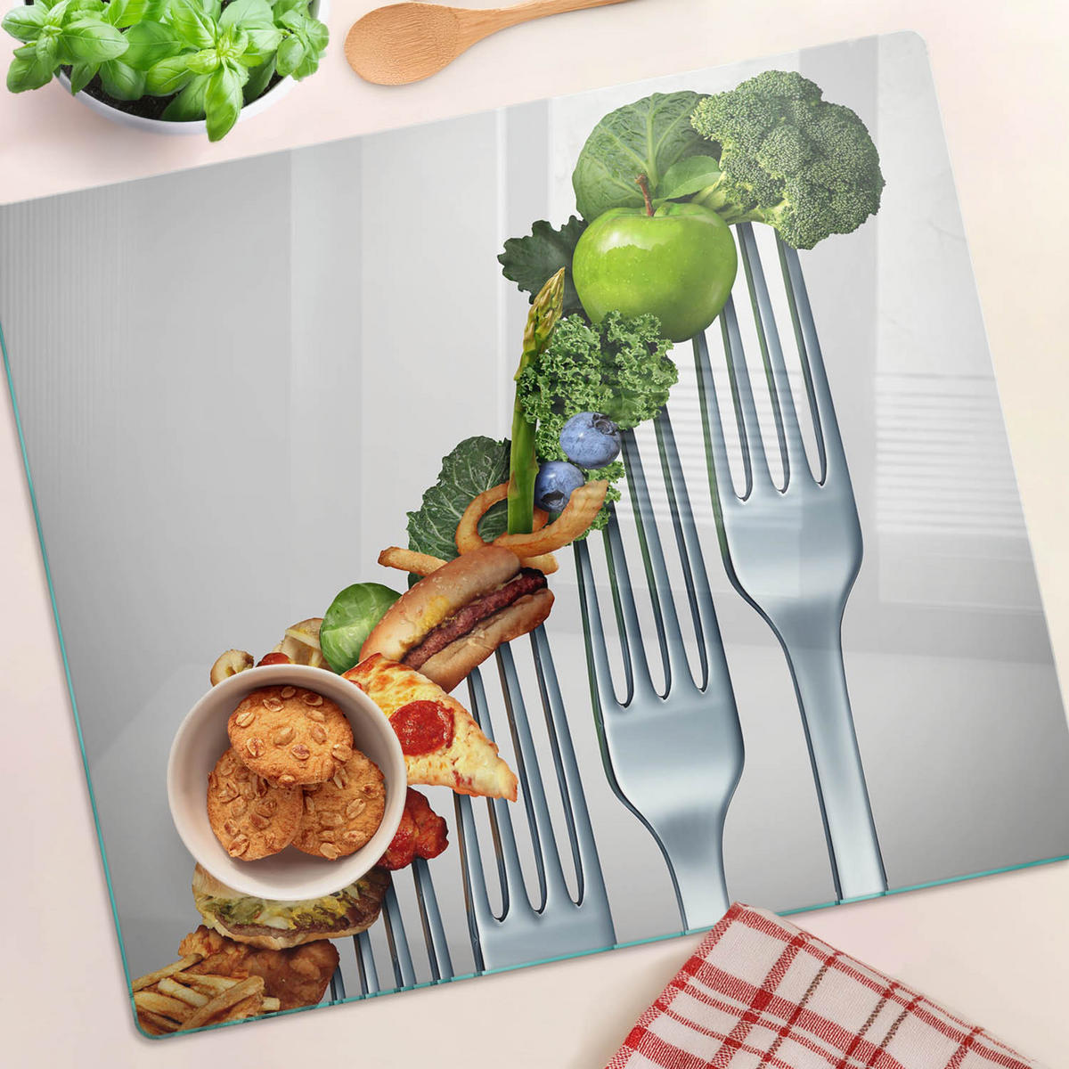 GLASPLATTE 60x52 cm Gesunde Ernährung - Multicolor, Glas (60/0.4/52cm) - TULUP