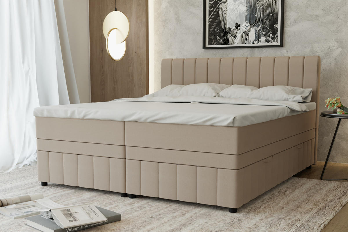 BOXBETT AVALON 180 x 200 cm mit Bettkasten und Topper - Beige - Beige, Holz - Panda Möbel