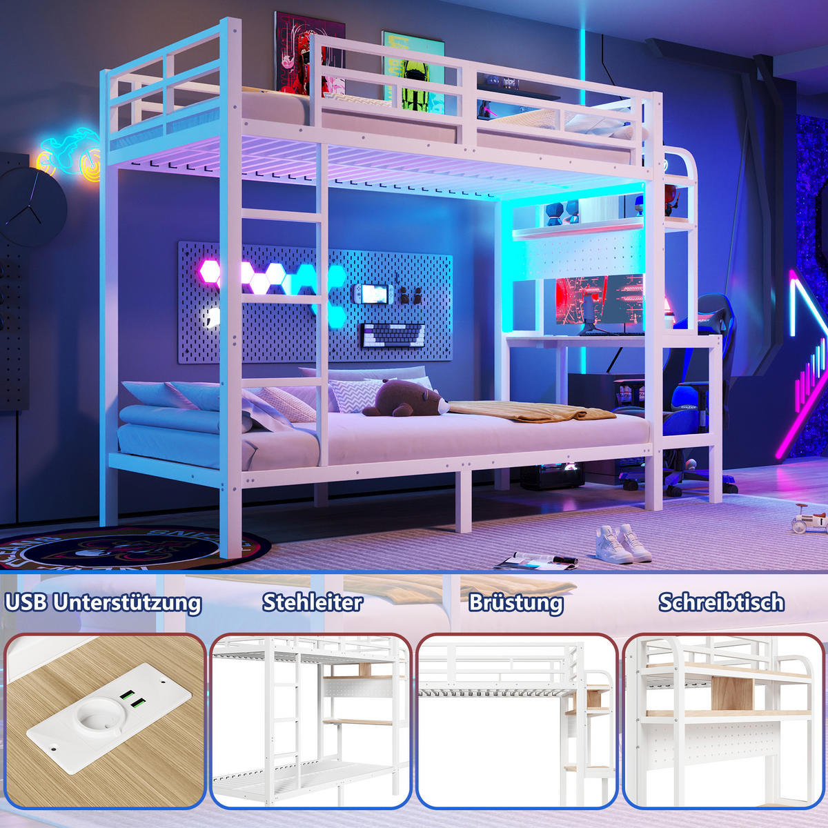 ETAGENBETT 90/200 cm in Weiß mit Schreibtisch, Regal, LED und USB Metall Kinderbett - Weiß, Holzwerkstoff/Metall (90/200cm) - STILVORA