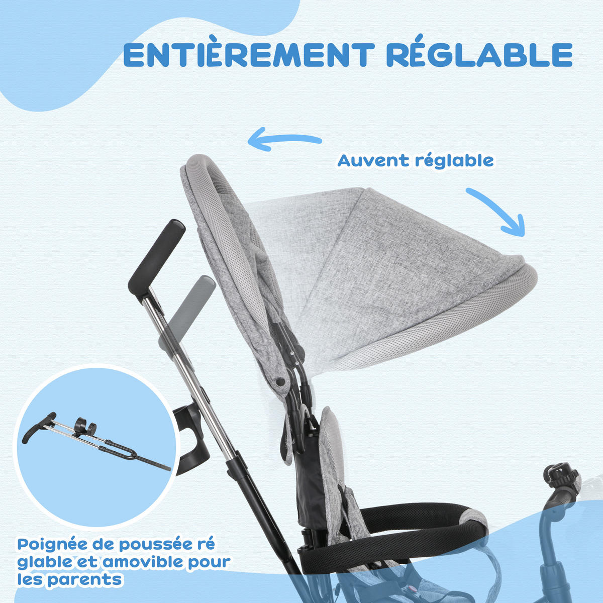 DREIRAD DE-18942 6-in-1 mit Sonnenschutz & klappbar Grau/Schwarz - Grau, Metall (95/50/106cm) - ComfortXL