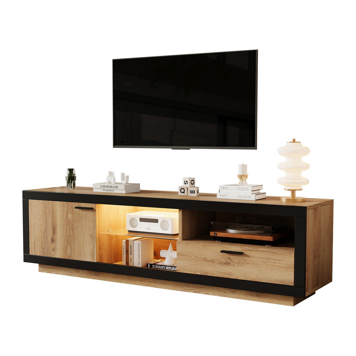 TV-ELEMENTLED 160x40x50cm mit App-Steuerung und Glasböden Schwarz-Eiche - Schwarz, Holz (50.8/14.61/74.3cm) - Raelunyi