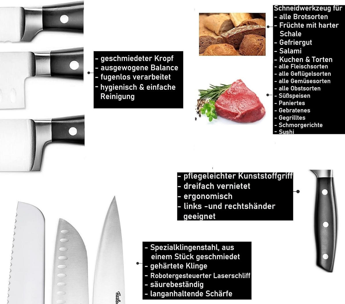 MESSERSET – Profi 5-teilig mit 2 Santokumessern, Brotmesser, Kochmesser & Küchenschere, Rostfreier Spezialstahl, Ergonomischer Griff - Silberfarben, Metall - Fissler