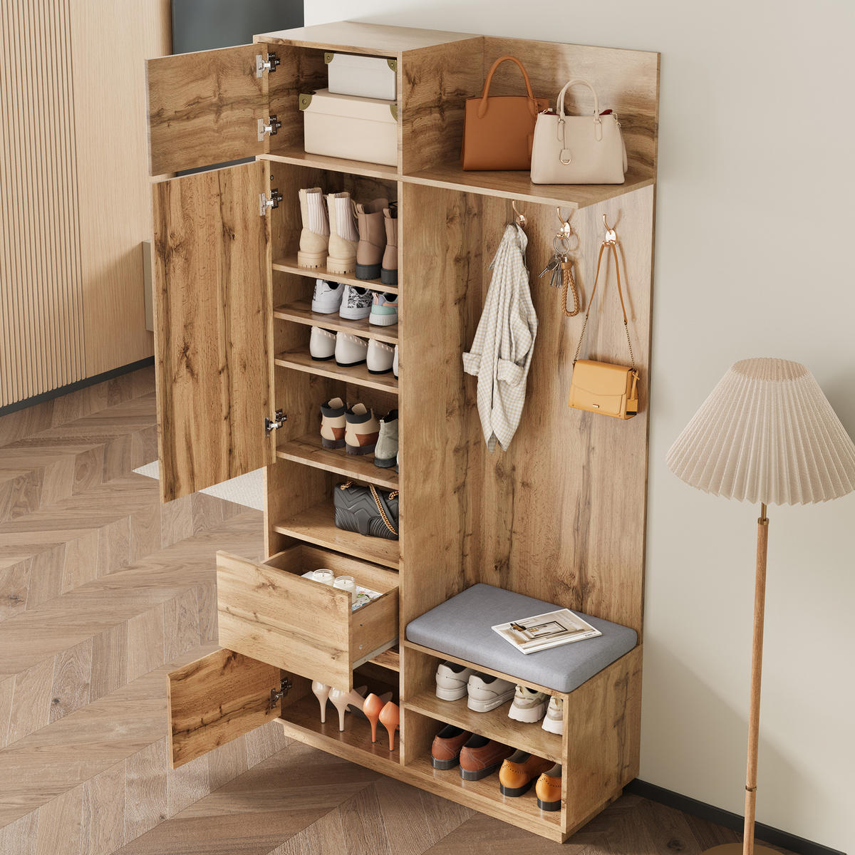 GARDEROBE Spiegel Sitzbank Schuhschrank - Naturfarben, Holz (90/190/34.5cm) - Fortuna Lai