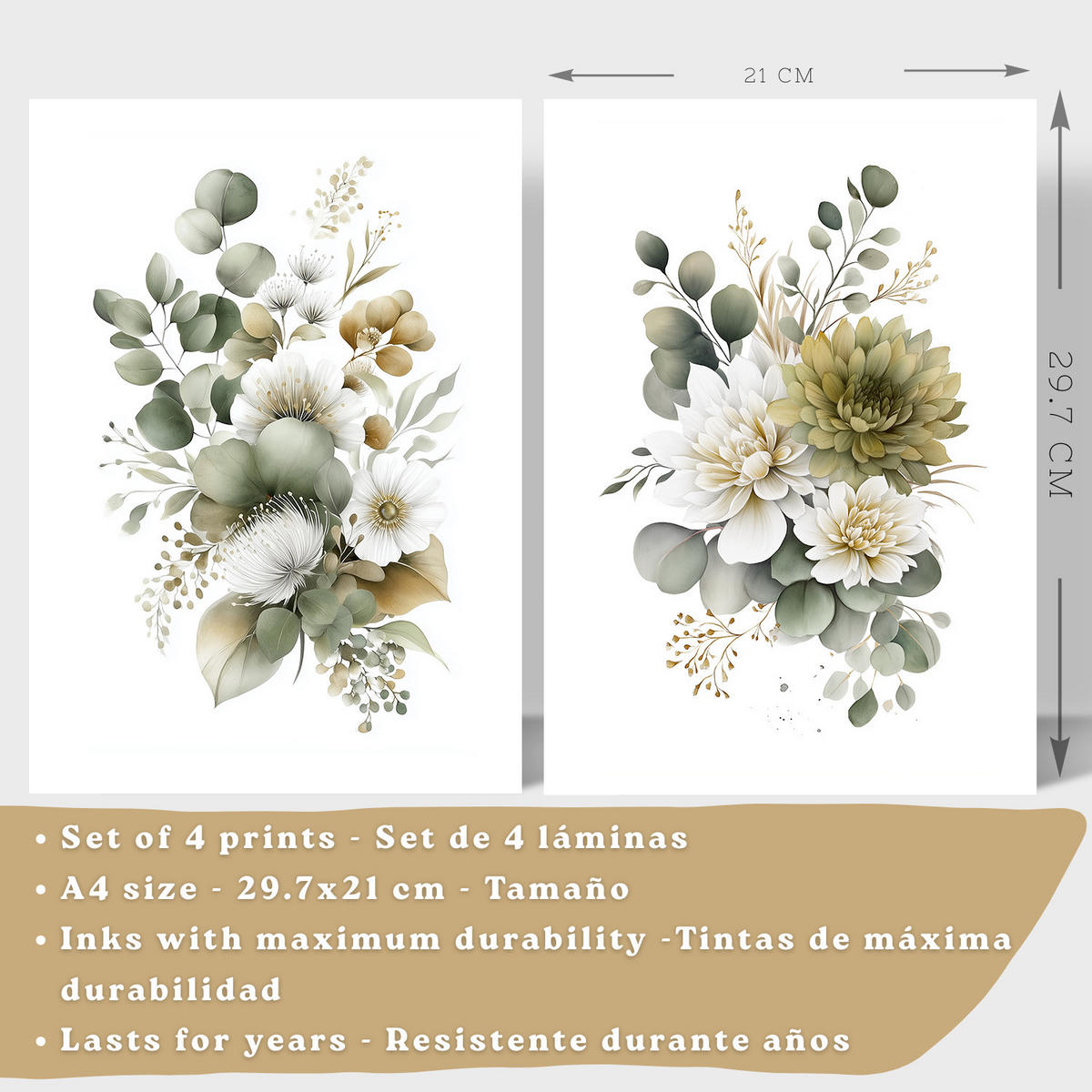 PLAKAT Sada 4 boho botanických uměleckých tisků. Akvarelové květinové nástěnné umění. Velikost Černý rám A4 - černá, papír (21/29.7/3cm) - Nacnic