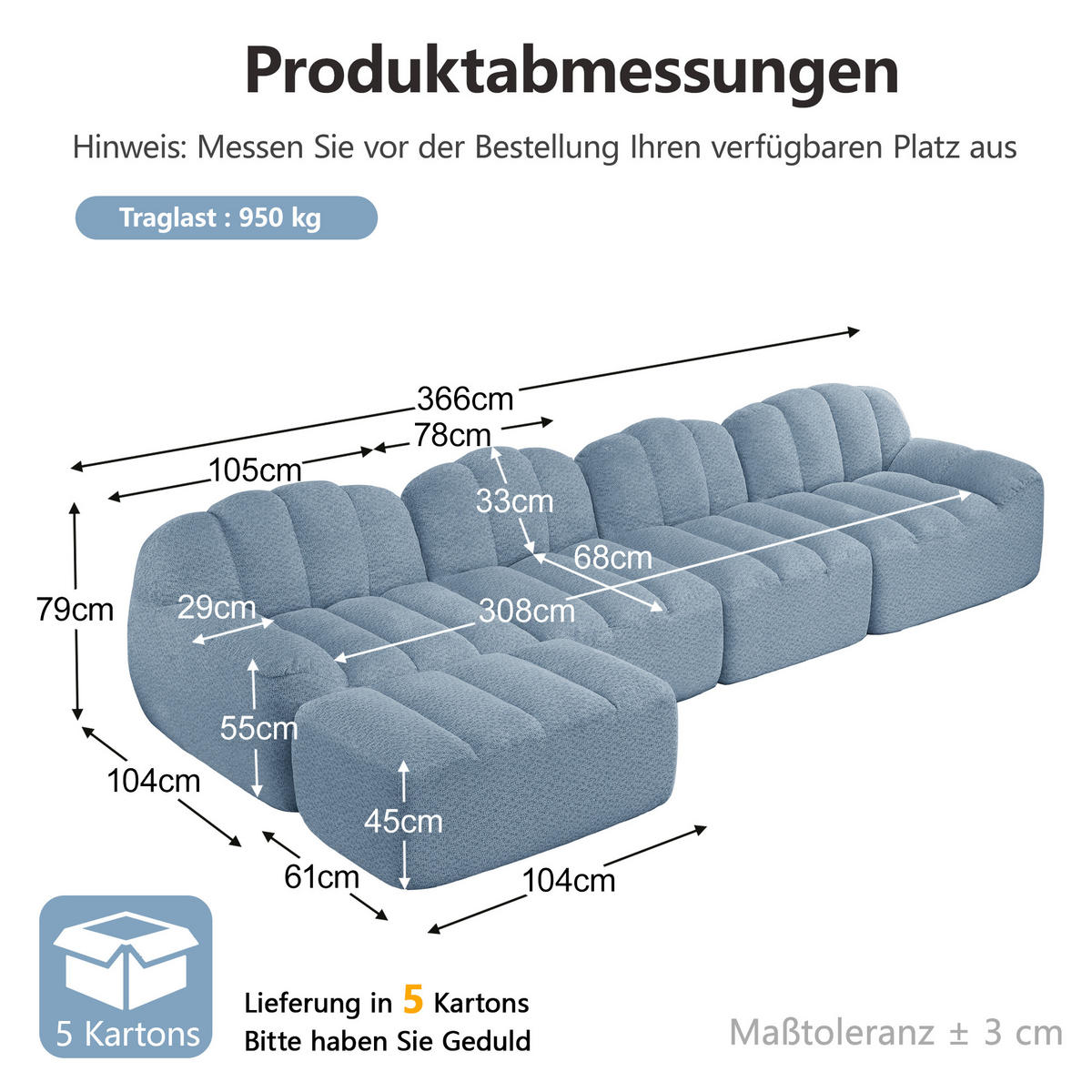 ECKSOFA 366/165/79 cm Blau Granulatvlies mit 1 Fußhocker - Blau, Textil (366/165cm) - Oxeza