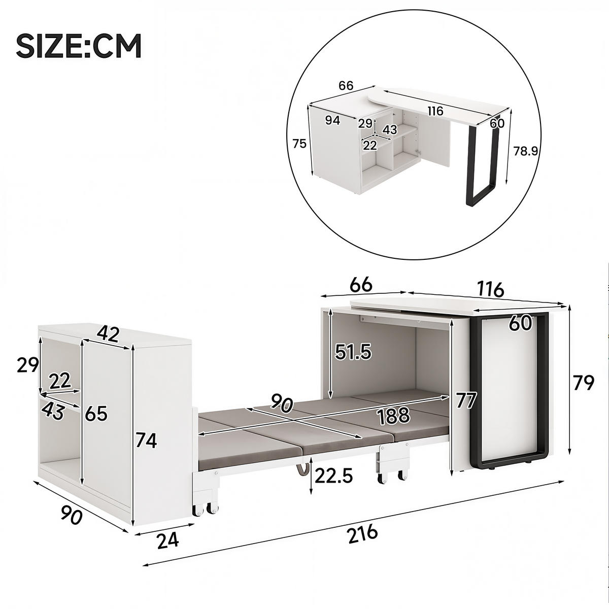 KLAPPBETT 90/200 cm DE-03465, 2-in-1 mit Schreibtisch, Schrank und Rollen, in Weiß - Weiß, Holzwerkstoff/Metall (90/200cm) - ComfortXL
