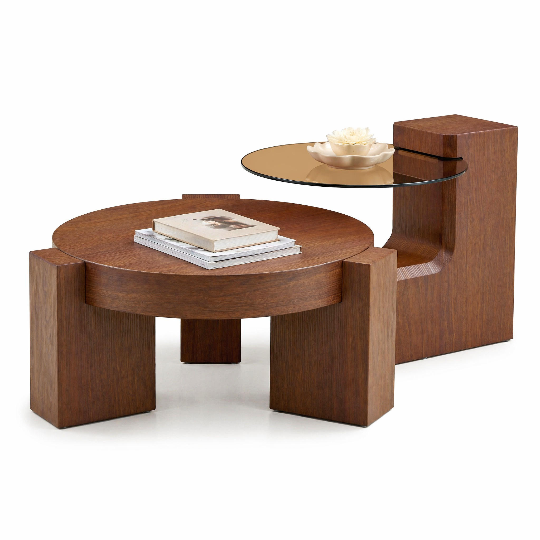 SADA KONFERENČNÍCH STOLŮ v barvě ořechu se skleněnou deskou do obýváku 44x62x44 cm, Ø61x30 cm - barva vlašského ořechu, kompozitní dřevo/sklo (61/61/30cm) - STILVORA