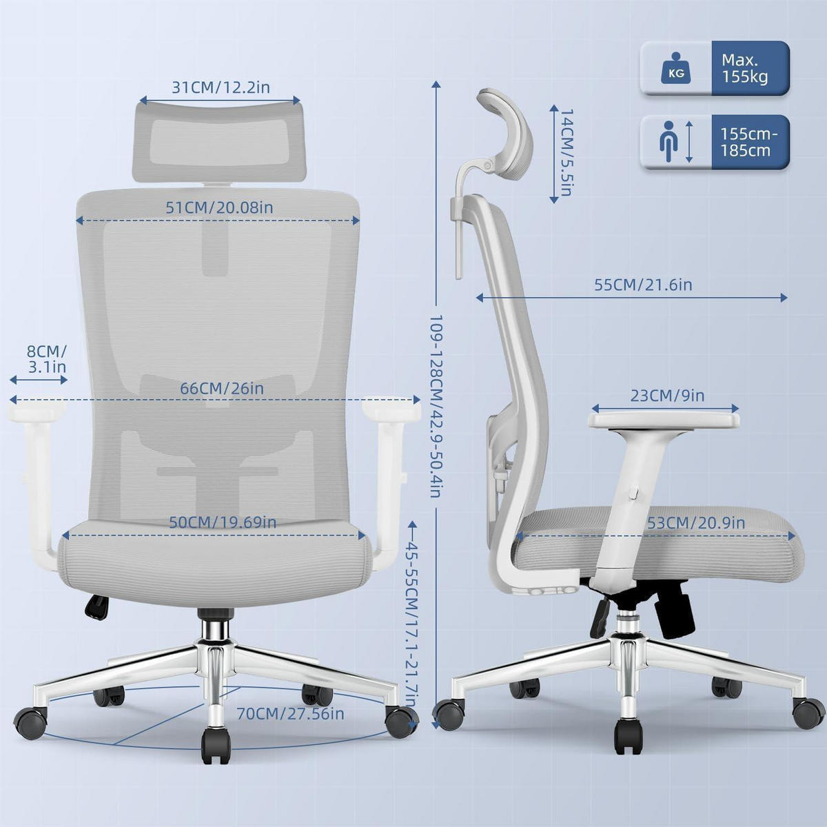 BÜROSTUHL Ergonomisch Grau mit Lendenwirbelstütze und Kopfstütze - Grau, Textil (70/128/70cm)