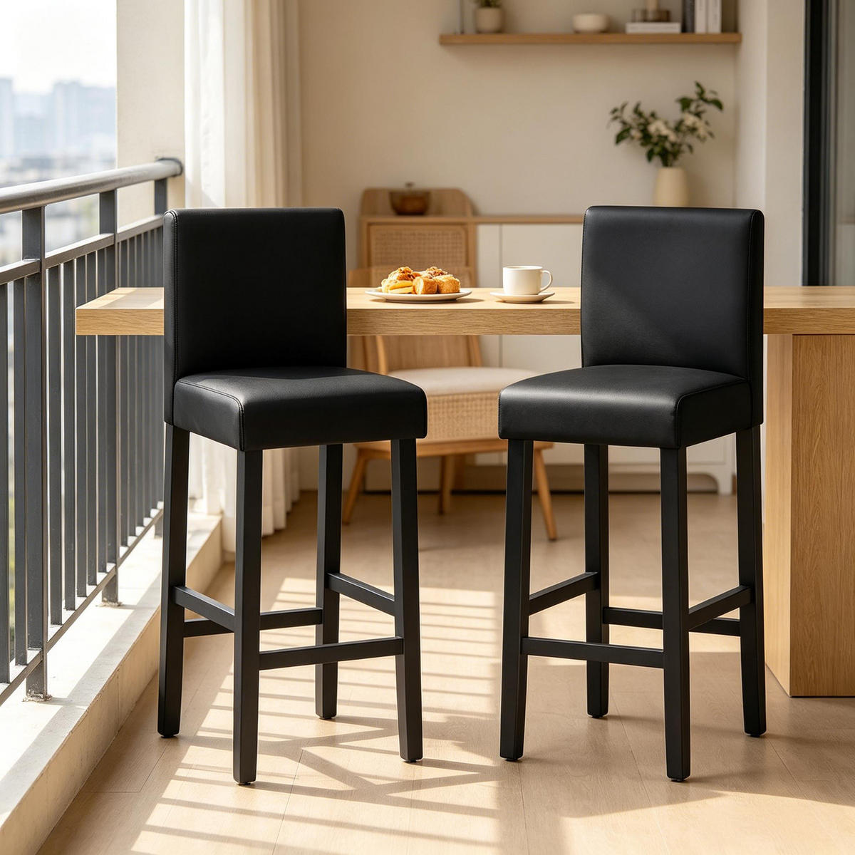 BARHOCKER Schwarz 2er-Set mit Rückenlehne und Fußstütze - Schwarz, Holz (48/110.5/41.5cm) - PANGIVO