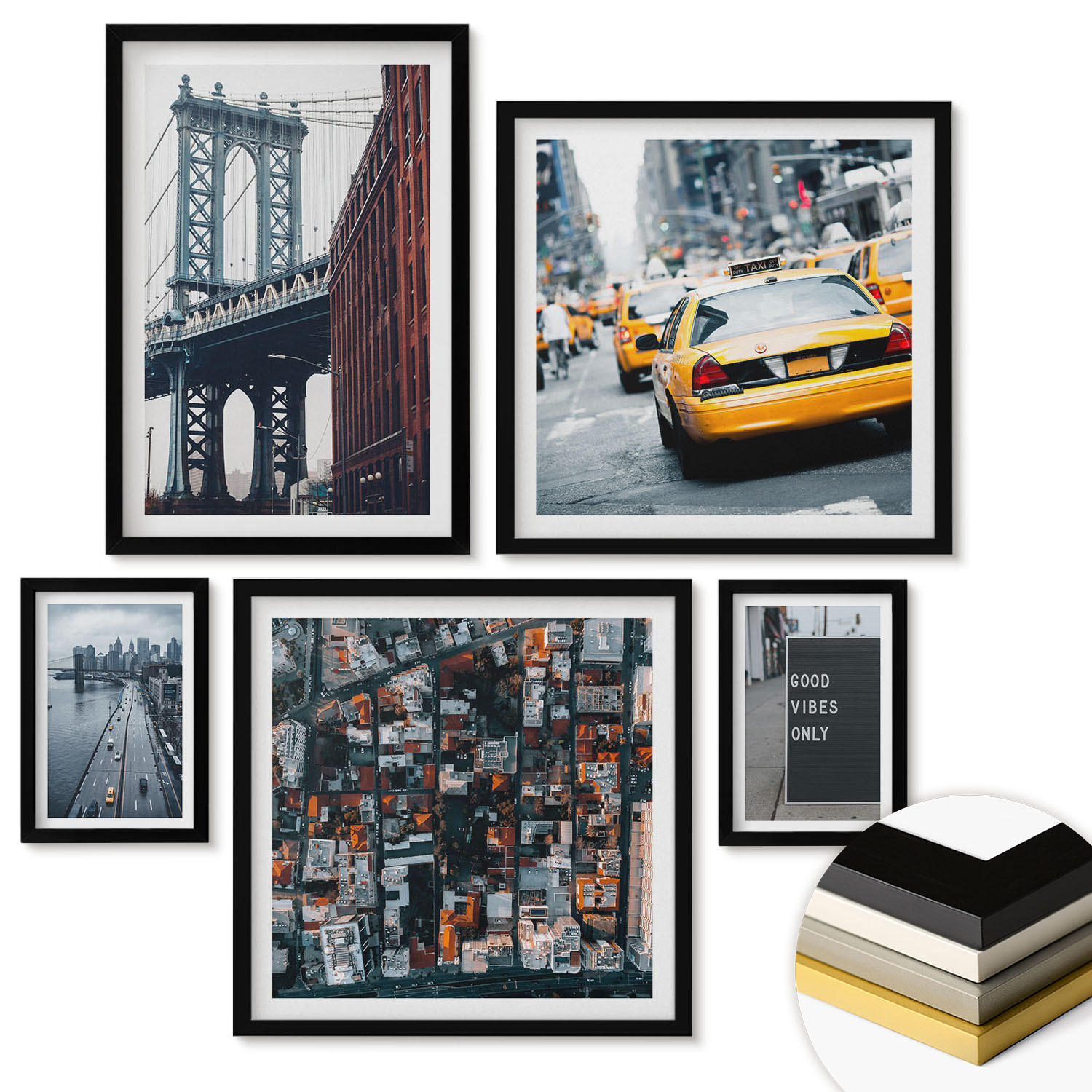 WANDBILDER 5er-Set - 50x50 cm & 20x30 cm & 40x60 cm Schwarzer Rahmen - Brückenstadt-Inschriften aus der Vogelperspektive - Schwarz, Kunststoff (40/60cm) - ArtPrintCave