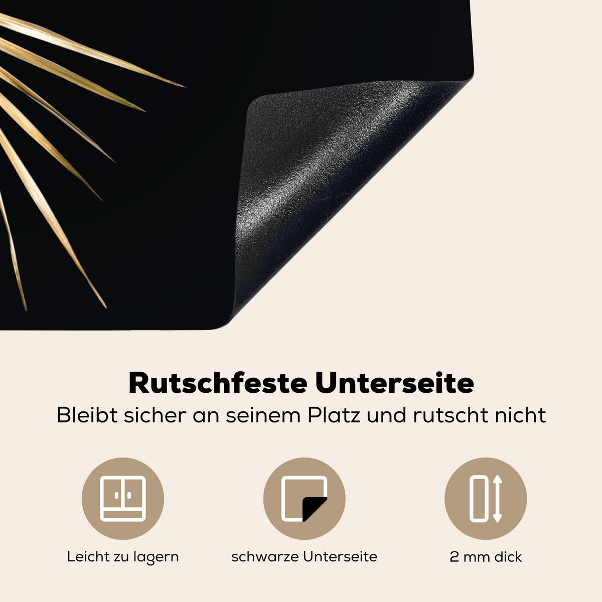 HERDABDECKPLATTE Blätter - Pflanzen - Gold - Schwarz - Luxus Herdabdeckung Induktionsfeld 65x52 cm - Goldfarben, Kunststoff (65/52/0.2cm) - MuchoWow