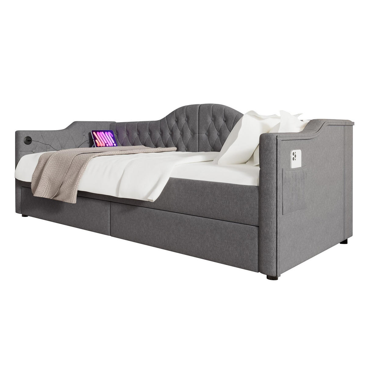 POLSTERBETT 90/200 cm Grau mit 2 Schubladen und USB- und Type-C-Anschlüssen - Grau, Textil (90/200cm) - Flora Grace