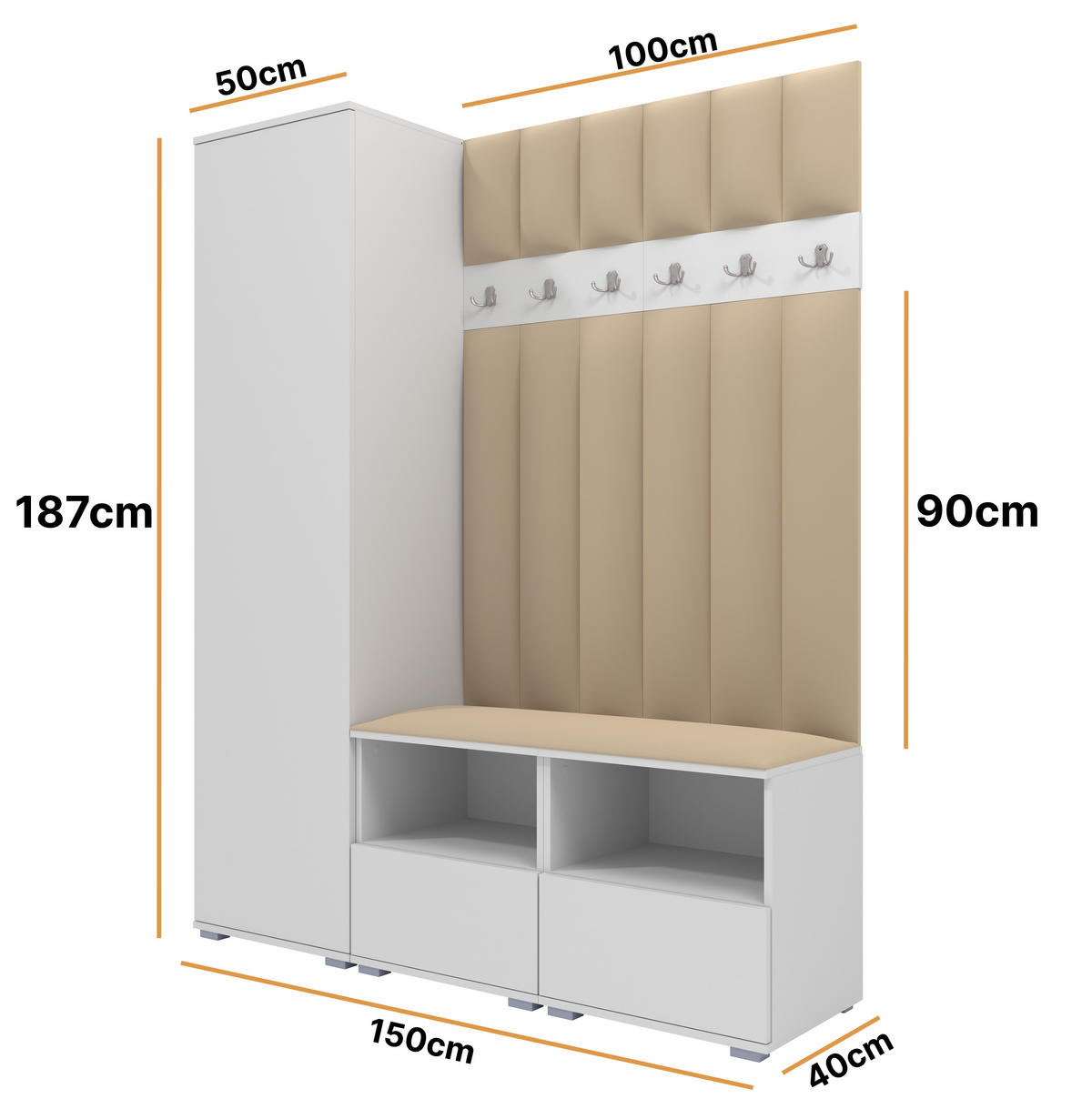 GEPOLSTERT Garderoben-Set Nela II LUX (Farbe Weiß + Stoff Trinity 04) - Beige/Silberfarben, Holz/Holzwerkstoff (150/187/40cm) - Ravio