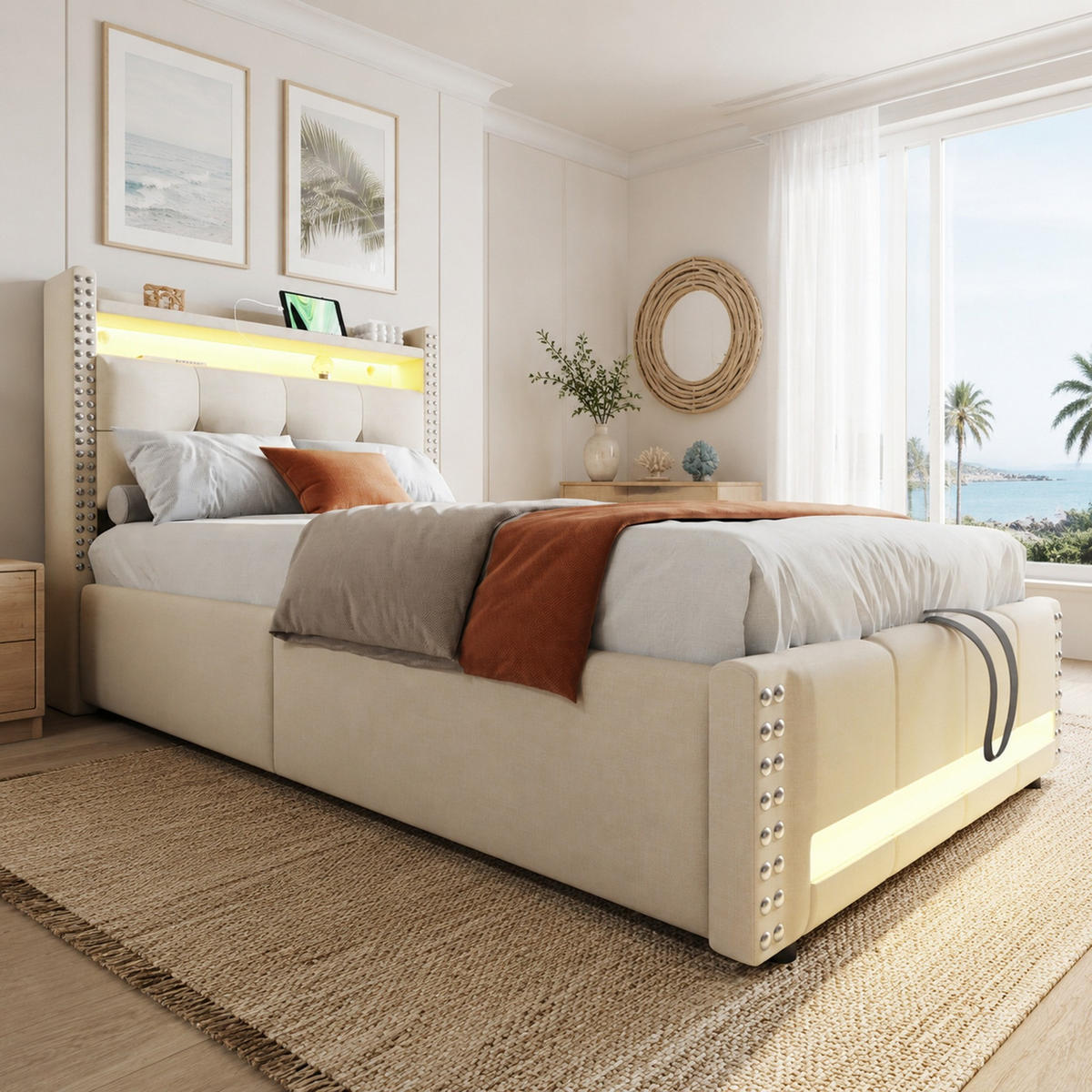POLSTERBETT 90/200 mit Bettkasten, LED-Beleuchtung, USB-Steckdose und Stauraum in Beige - Beige, Holzwerkstoff/Textil (90/200cm) - EVRYAE