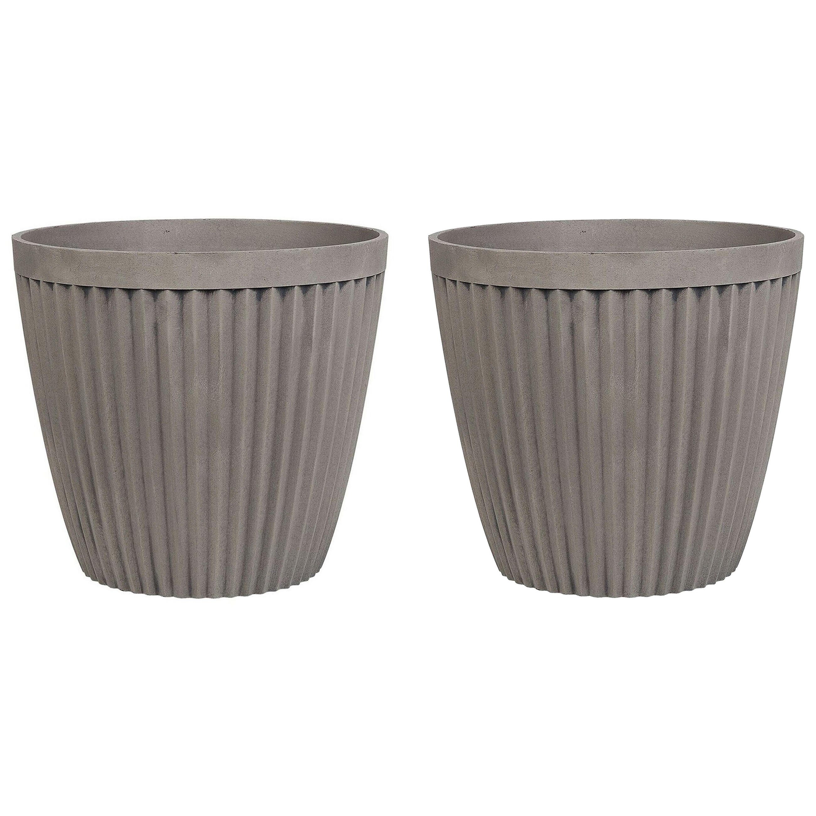 BLUMENTOPF 2er-Set taupe rund 36/36/33 cm Poka - Grau, Stein (33cm) - Beliani