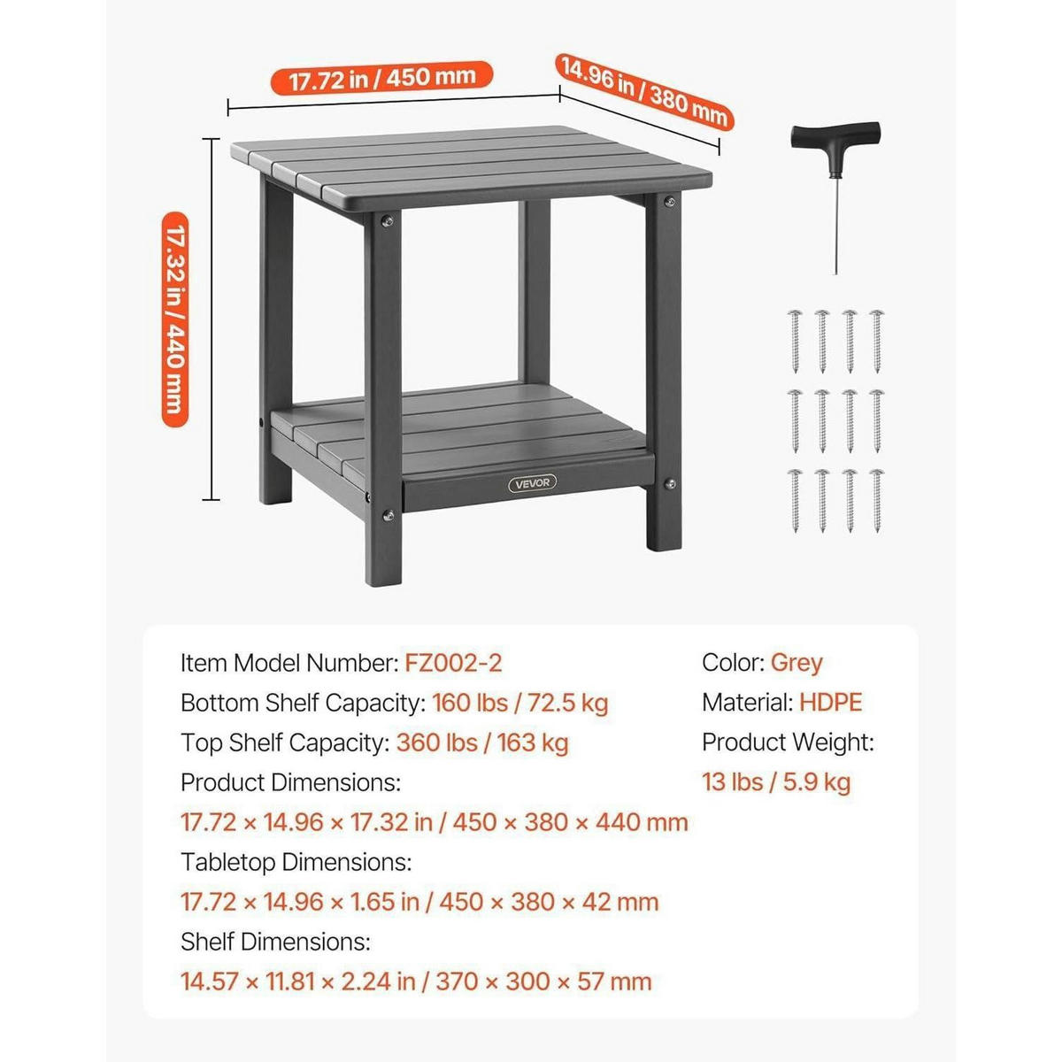 BEISTELLTISCH Kunststoff Grau 45 x 38 x 44 cm - Grau, Kunststoff (38/45/44cm)