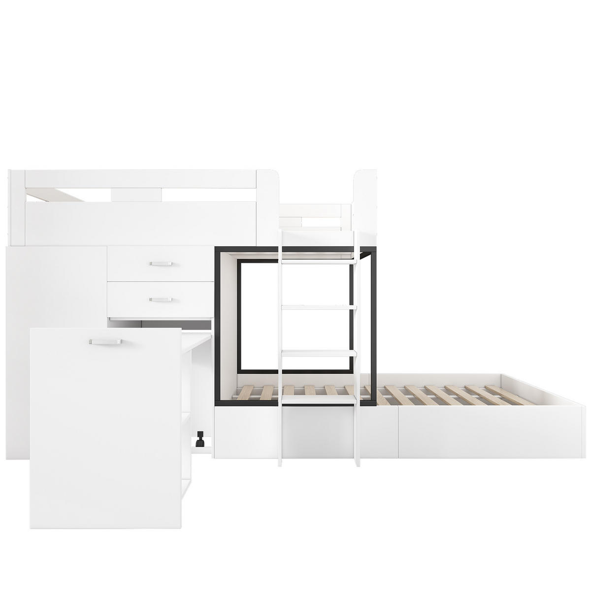 ETAGENBETT 90/200 cm Weiß mit Ausziehbarer Schreibtisch, Garderobe, 2 Schublade, Regale und Leitern - Weiß, Holz (90/200cm) - Oxeza