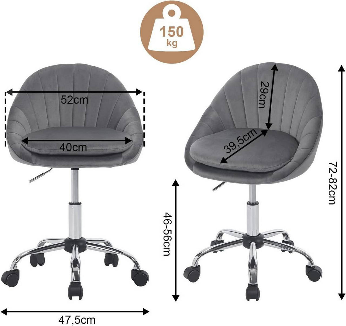 DREHSTUHL ergonomisch, Schminkstuhl, Samt, Dunkelgrau - Dunkelgrau/Schwarz, Textil/Metall (52/72/48cm) - Woltu
