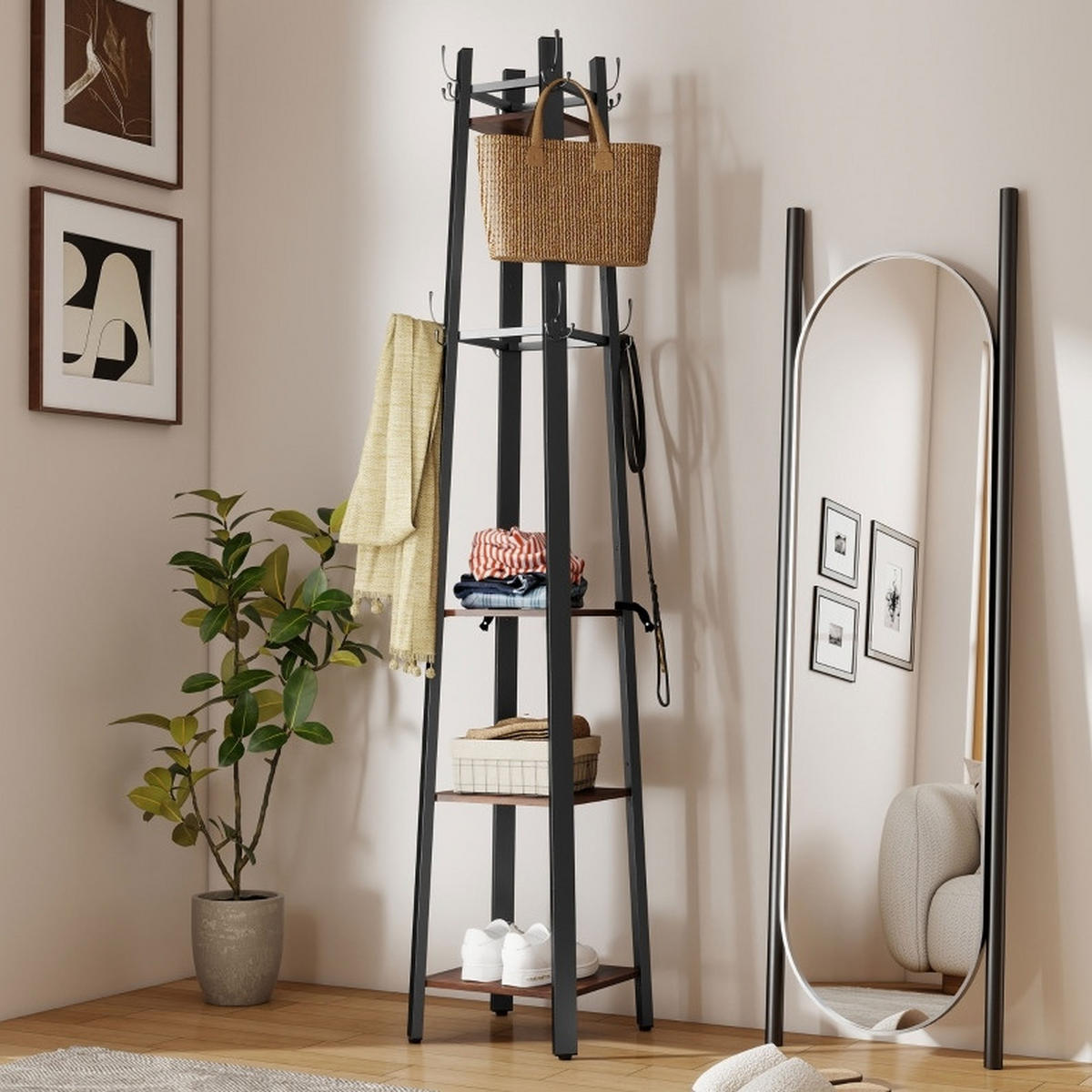 KLEIDERSTÄNDER 34,8/179/34,8 cm Braun aus Holz und Metall mit 8 Haken und 4 Ablagen - Braun, Holz (34.8/179/34.8cm) - OKMYHOME