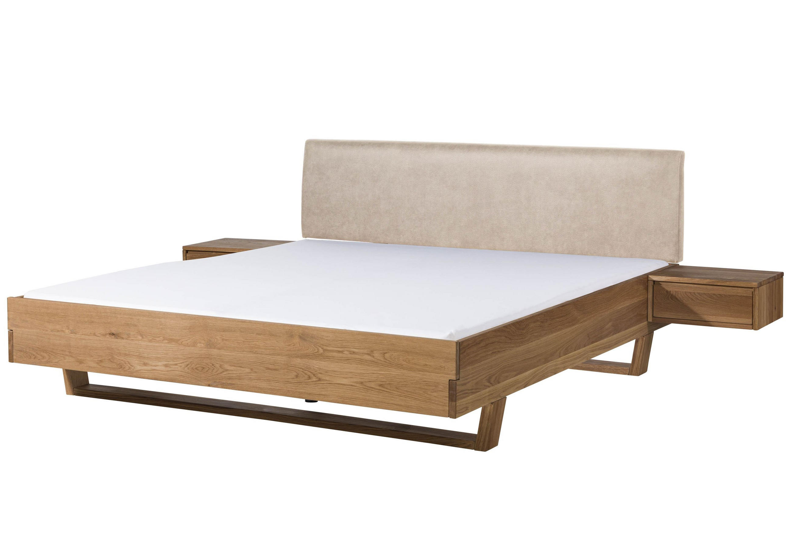 HOLZBETT mit Nachttisch Massivholz Eiche 200 x 200 x 86 natur FICHTELBERG #136 - Beige/Braun, Holz (200/200cm) - Massivmoebel24