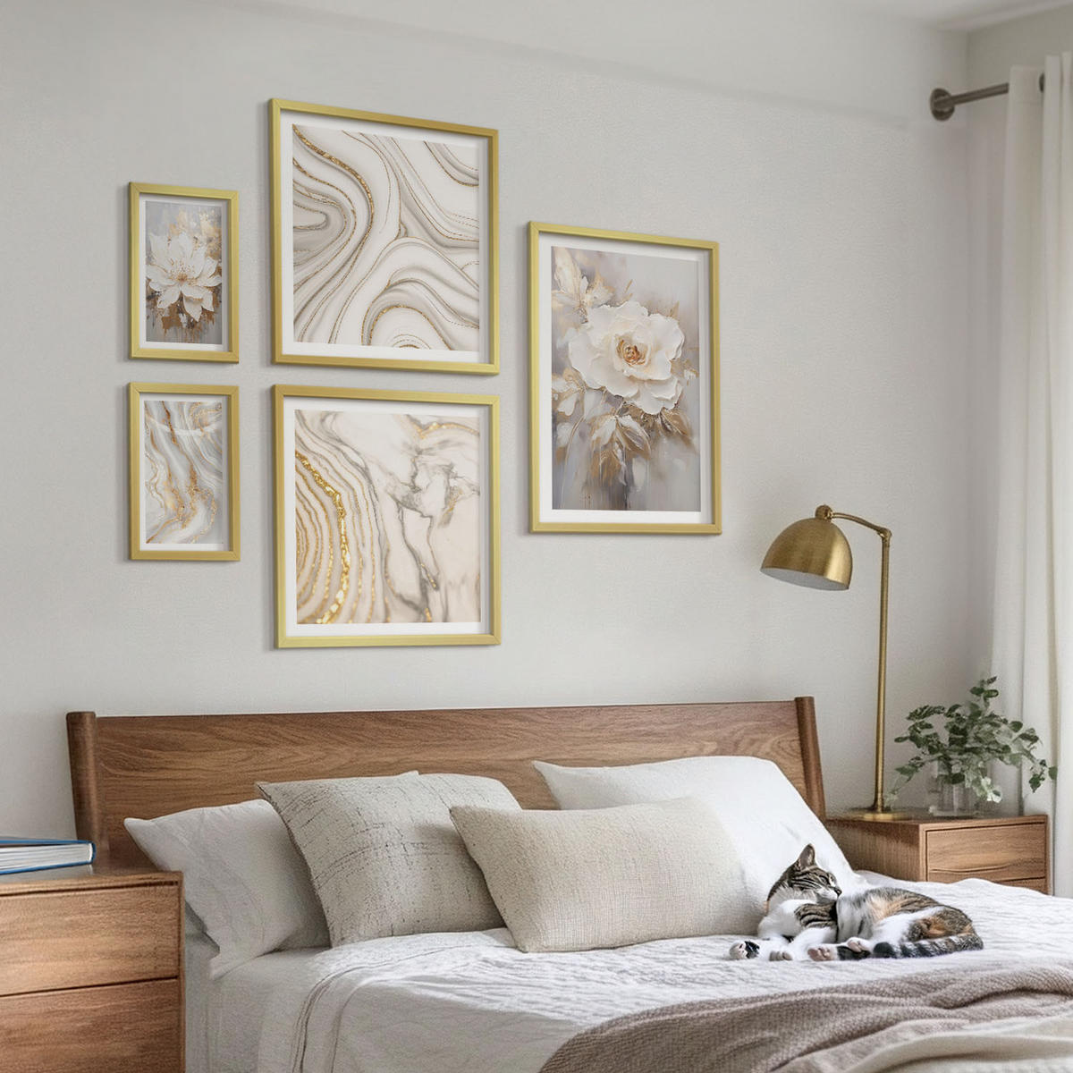 BILDER SET 5er Set - 50x50 cm & 20x30 cm & 40x60 cm Goldrahmen - Subtile abstrakte Muster - Goldfarben, Kunststoff (40/60cm) - TULUP