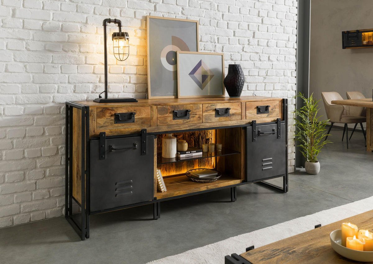 SIDEBOARD Mango / Altholz 195x45x90 natur / grau lackiert / Metall grau BLACKBURN LUX #409 - Braun, Holz (195/90/45cm) - Massivmoebel24