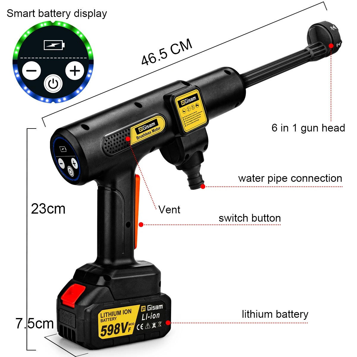 ELEKTRO-HOCHDRUCKREINIGER 6-in-1 200 Bar bürstenloser Geeignet für Autowäsche & Gartenarbeit, Mit 2 Batterien - Schwarz, Kunststoff (46.5/23cm) - Coonoor