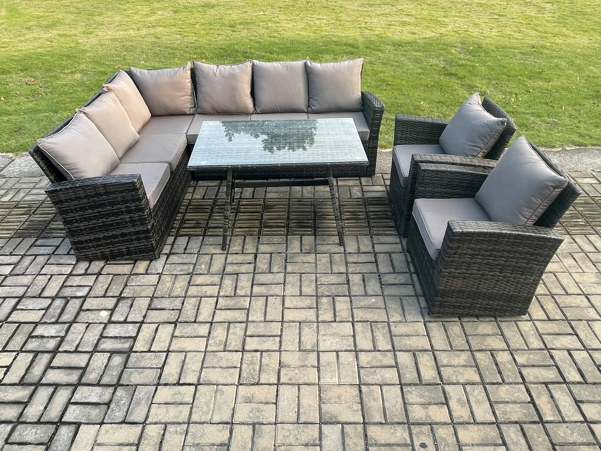 BALKONMÖBEL-SETS mit Ecksofa,Stuhl,Länglicher Esstisch Polyrattan Dunkelgrau 8-Sitzer - Dunkelgrau/Grau, Glas/Kunststoff - Fimous
