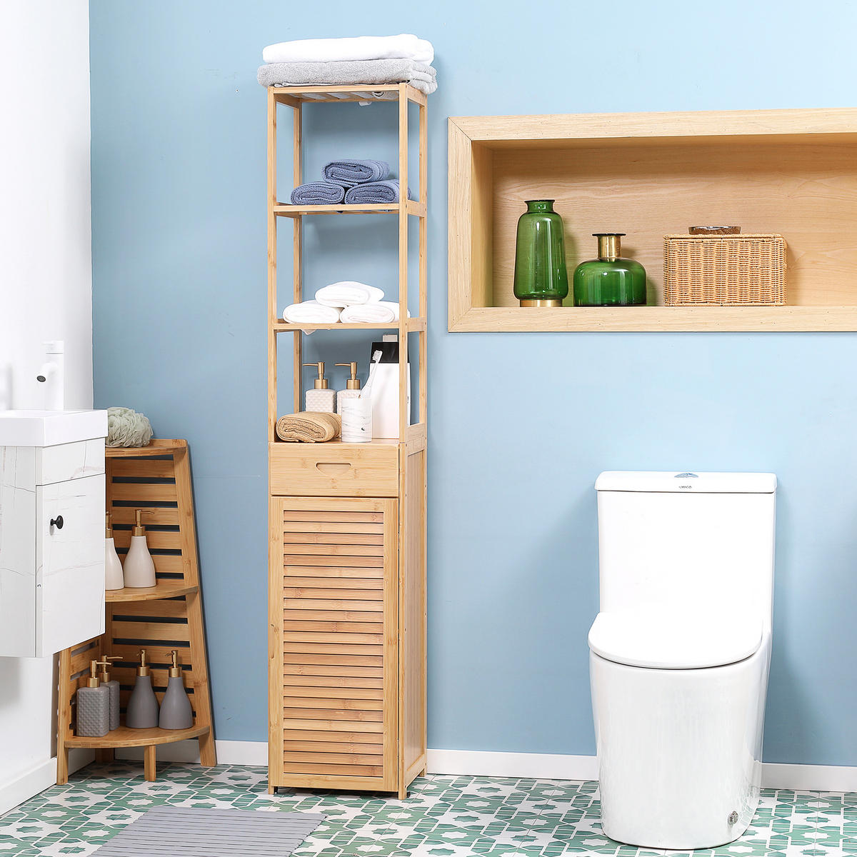 HOCHSCHRANK aus Bambus, 32 x 30 x 163 cm Naturholz - Naturfarben, Naturmaterialen (32/163/30cm) - Kleankin