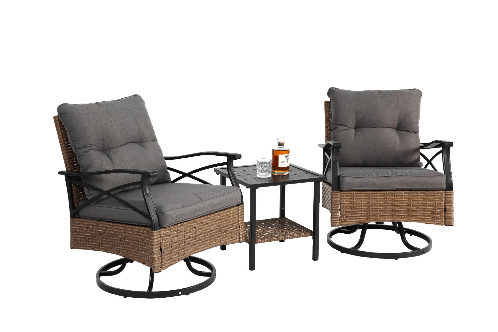 GARTENMÖBEL 64x58x82cm grau aus Stahl und PE-Rattan, mit Drehfunktion - Grau, Metall - Modfu