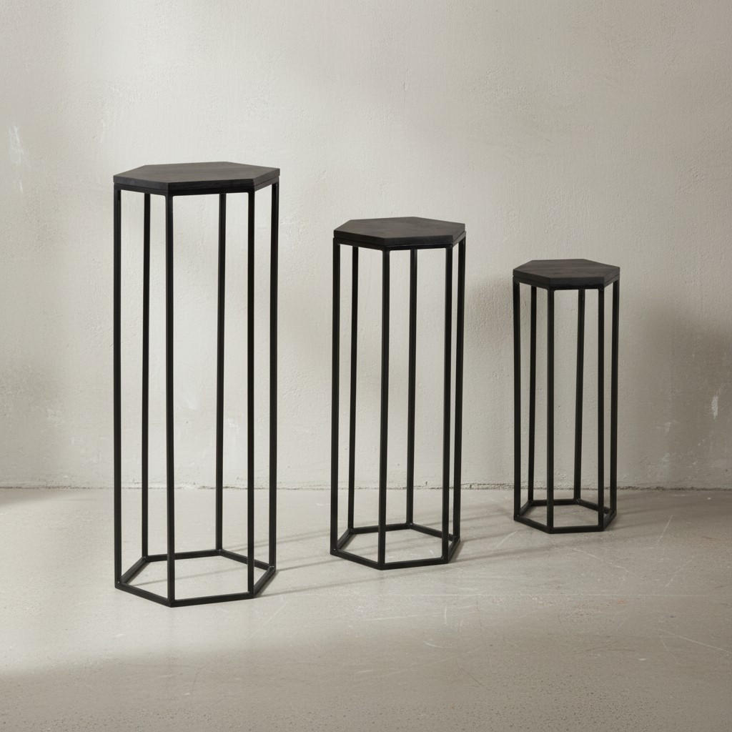 BEISTELLTISCHE 3er Set Massivholz und Metall in Hexagon-Form - Schwarz, Holz/Metall (35/35/90cm) - KADIMA DESIGN