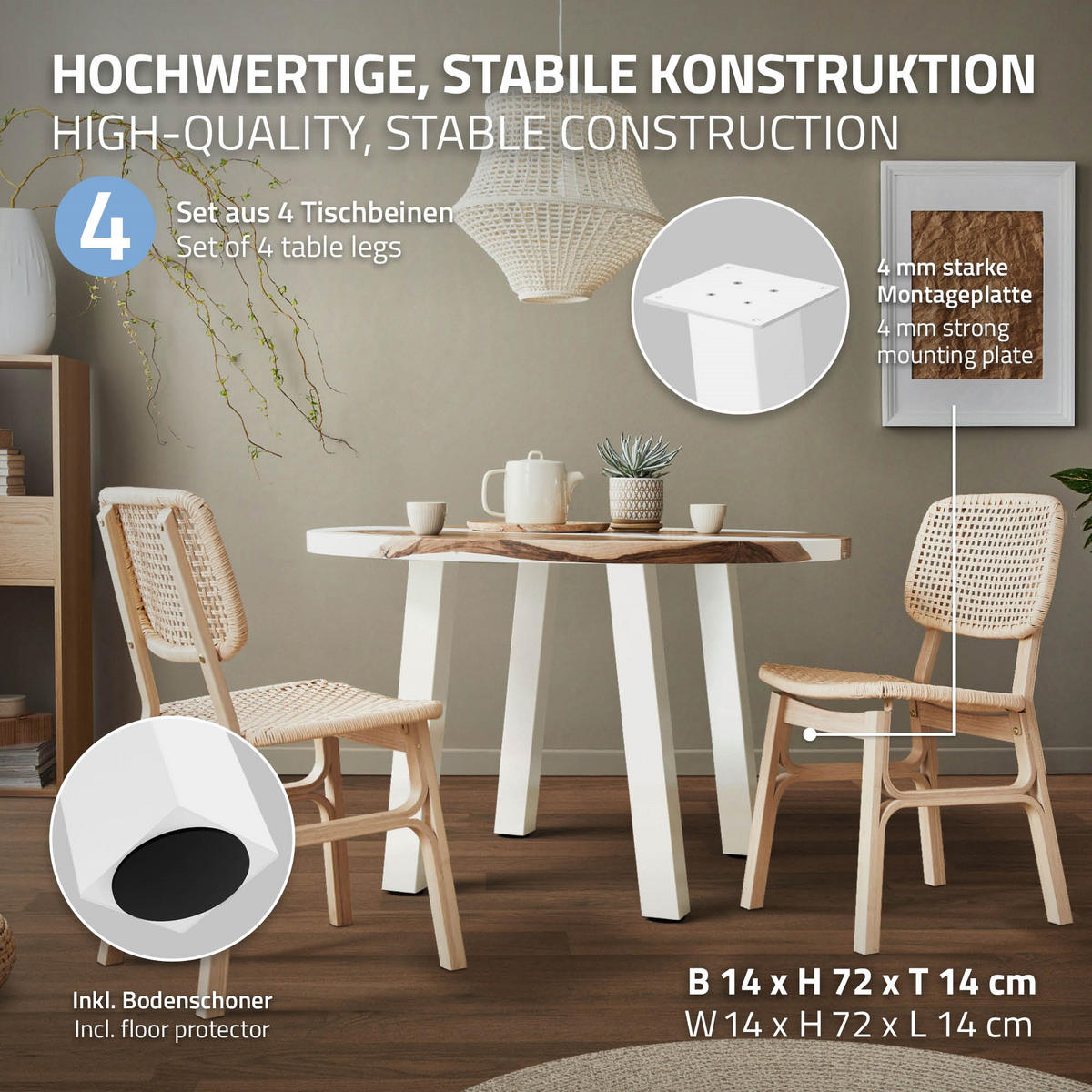 TISCHBEINE 4er Set I-96GRAD-Design H:72 cm Weiß 8x8 cm - Weiß, Metall (8/72/8cm) - ML-DESIGN