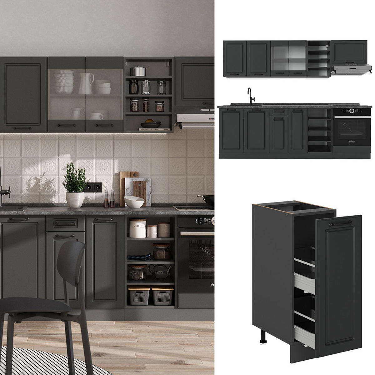 KÜCHENZEILE R-Line Anthrazit Landhaus/Anthrazit 240 cm , AP Marmor - Anthrazit, Holzwerkstoff (240/81.6/60cm) - Vicco