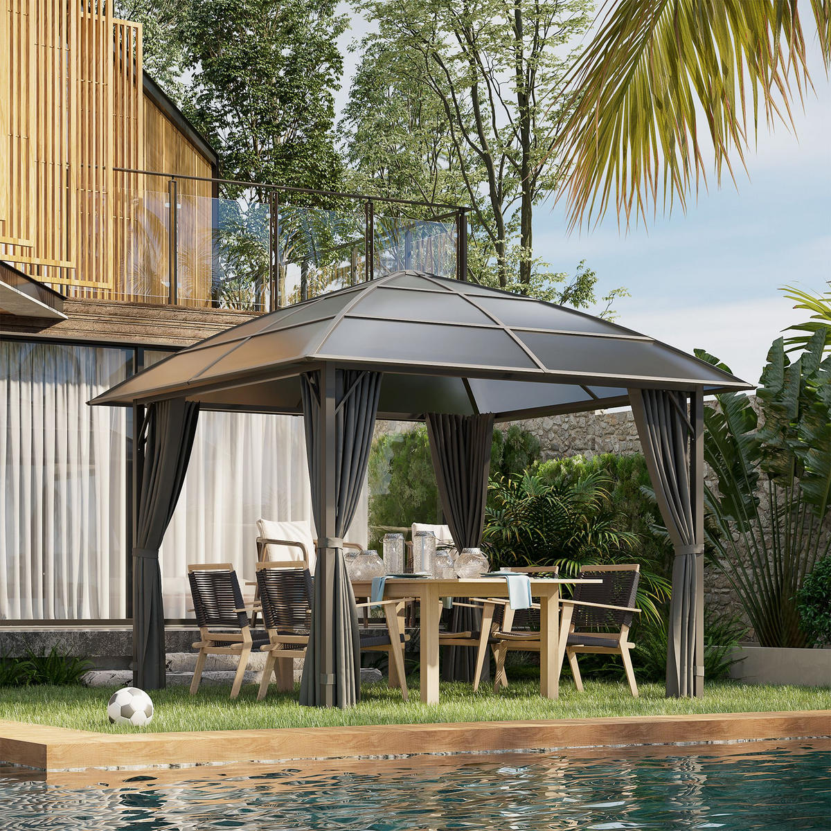 PAVILION MIT POLYCARBONATDACH DE-12584 3x3 m mit Seitenwänden Dunkelgrau - Dunkelgrau, Metall (305/270/305cm) - ComfortXL