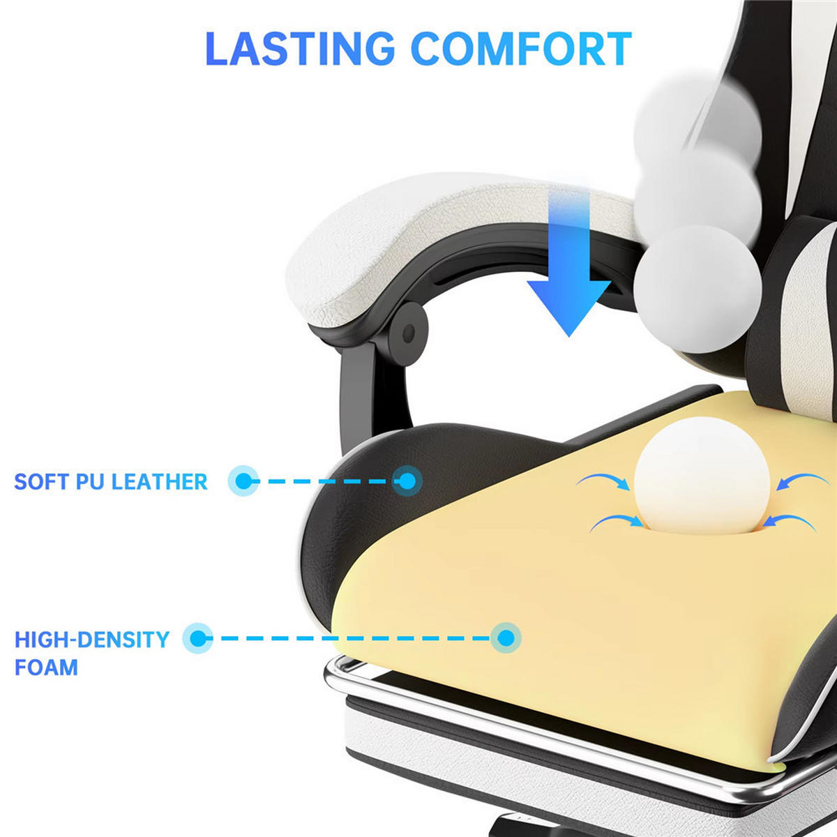 GAMING-STUHL Ergonomisch mit Fußstütze, Schwarz-Weiß - Weiß, Leder (68/123/68cm) - Kaket