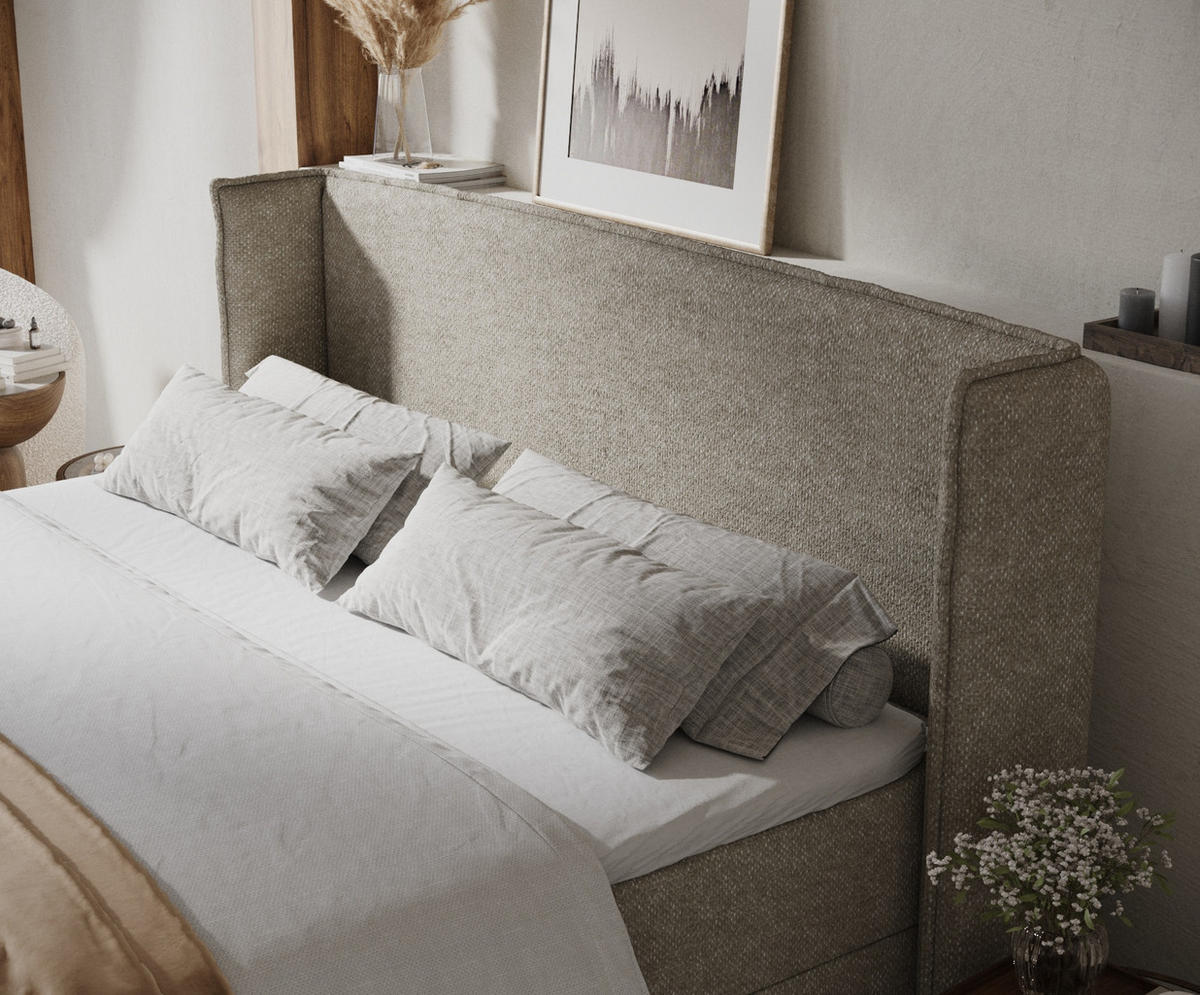 BOXBETT Skyline Beige Grau 140/200 cm mit Matratze und Topper - Beige/Schwarz, Holz/Holzwerkstoff (140/200cm) - Maison de Reve