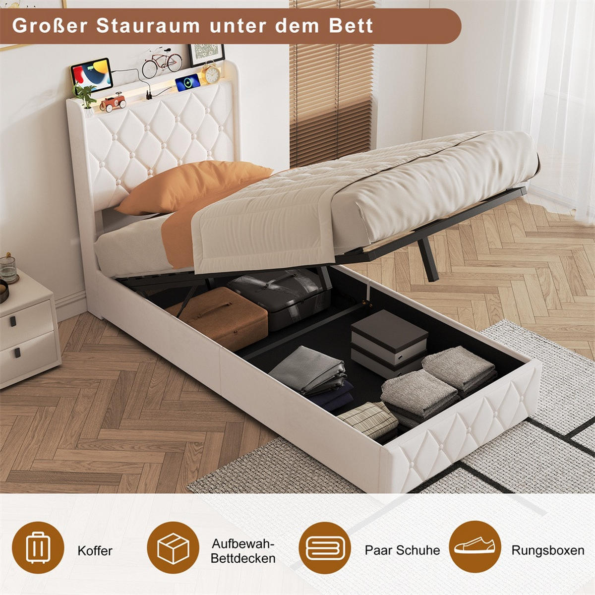 POLSTERBETT 90x200 cm mit hydraulischem Stauraum - Kopfteil Regal & LED - USB - ohne Matratze - Beige - Beige, Textil (90/200cm) - DELFA