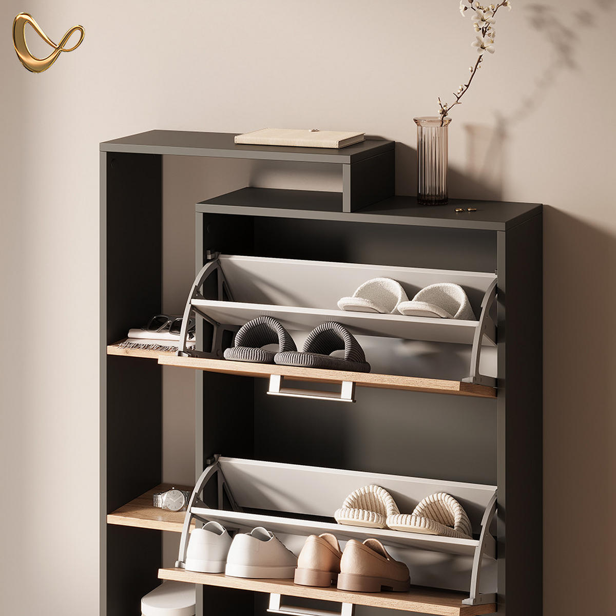 SCHUHKIPPER Ortello Goldkraft Eiche/Anthrazit 80 x 128.3 cm mit 3 Fächern - Honigeiche/Anthrazit, Holzwerkstoff (80/128.3/24.2cm) - Livinity®